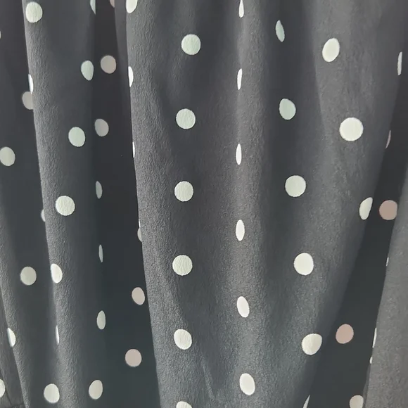 BLACK AND WHITE POLKA DOT WITH GATHERED STITCHING AROUND NECKLINE AND WAIST - Picture 2 of 6